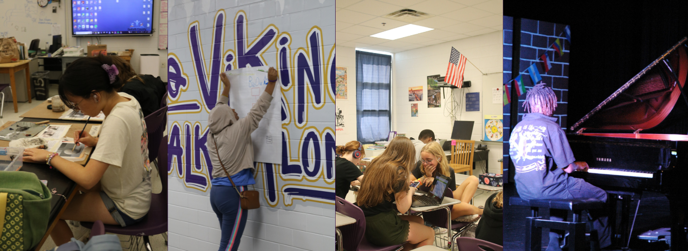 Various photos for Lakeside: student drawing in art class, student hanging a poster, students chatting in class, and student playing piano. 