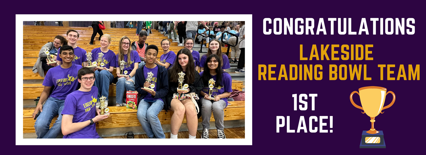 Students from the Lakeside Reading Bowl team holding 1st place trophies. Text reads: congratulations lakeside Reading Bowl Team 1st place