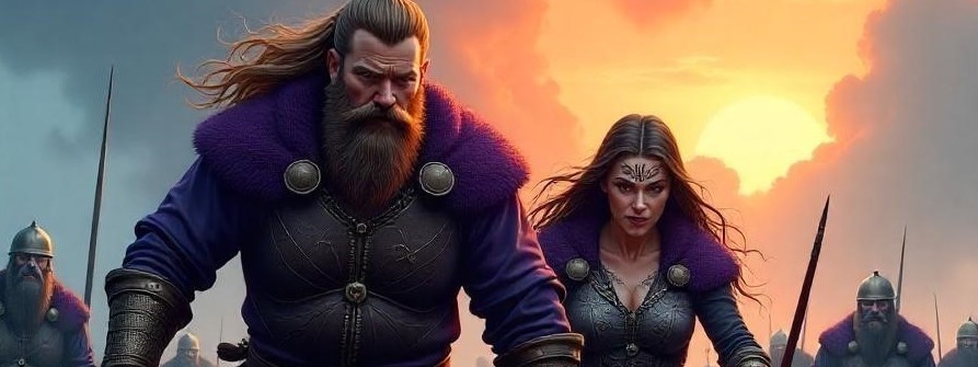 Male and female Vikings wearing purple walking into a marsh for battle